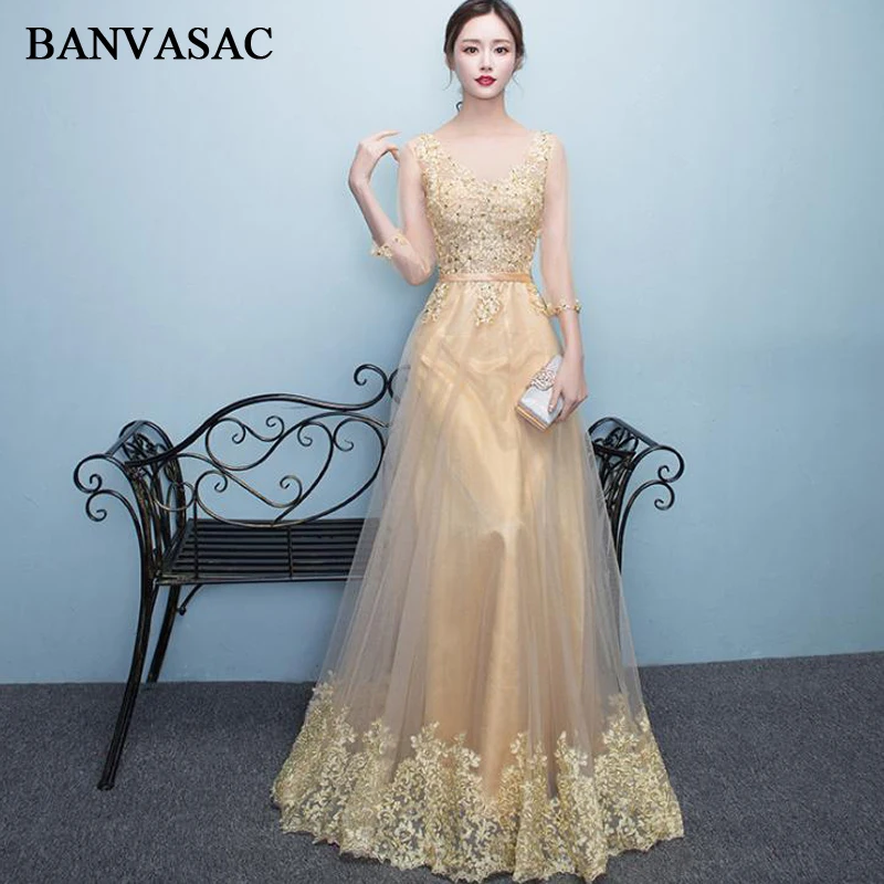 

BANVASAC Elegant Beading Deep V Neck Lace Appliques A Line Long Evening Dresses Party Sash Illusion Backless Prom Gowns
