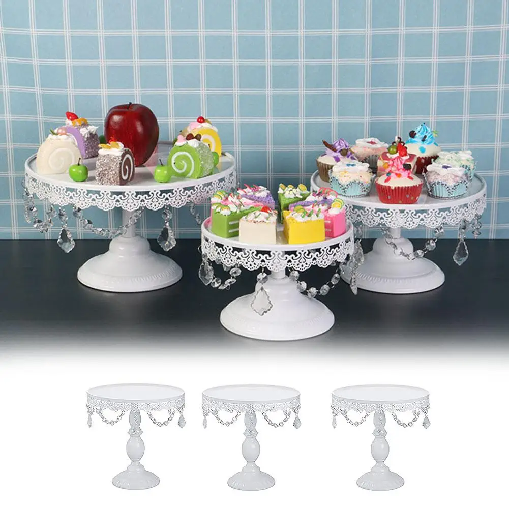 

Round Europe Style Cake Stands with Crystal Pendants Glass Plate Metal Dessert Cupcake Pedestal for Wedding Party Display 20E