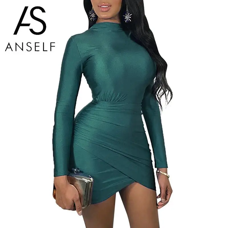 

Women Long Sleeves Bodycon Dress Turtleneck High Waist Elegant sexy female vestidos ladies party dress Ruched Casual Mini Dress