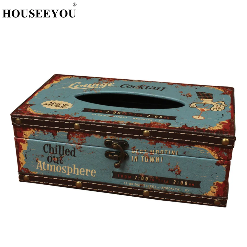 

HOUSEEYOU Removable Tissue Box Cocktail Style PU Surface Retro Paper Handkerchief Case Napkin Box European Wooden Paper Box