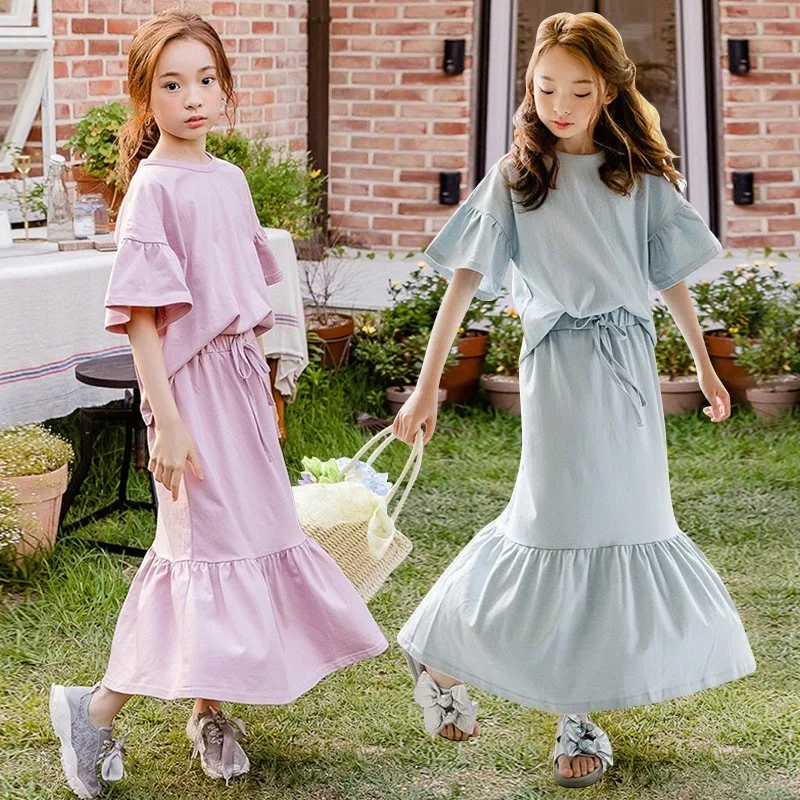 

2 Pcs Set Kids For Girls Suit Toddler Girl Summer 2019 Clothes Solid Cotton Petal Sleeve T Shirts & Mid Calf Skirts Children'set