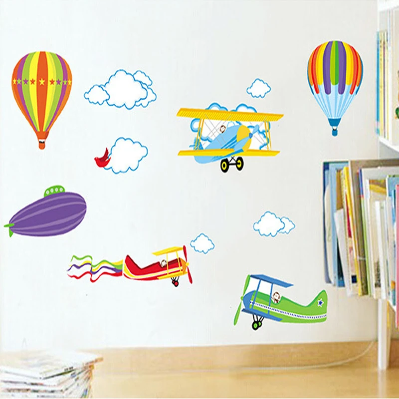 Cartoon Wall Stickers For Kids Baby Rooms Decor Removable Vinyl Nursery Children Decals Airplane And Hot Air Balloons | Дом и сад
