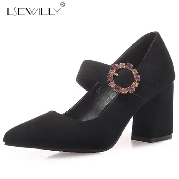 

Lsewilly 2019 spring summer pumps women shoes shallow with buckle pointed toe flock high heels woman shoes Size 32-46 E512