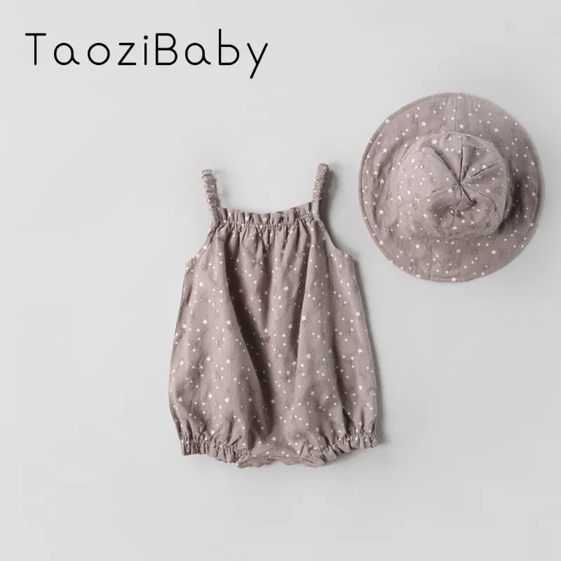

2018 Korean girl Baby Hanging Clothing Summer Pure Cotton Baby Clothes Rompers For baby with hat star printing