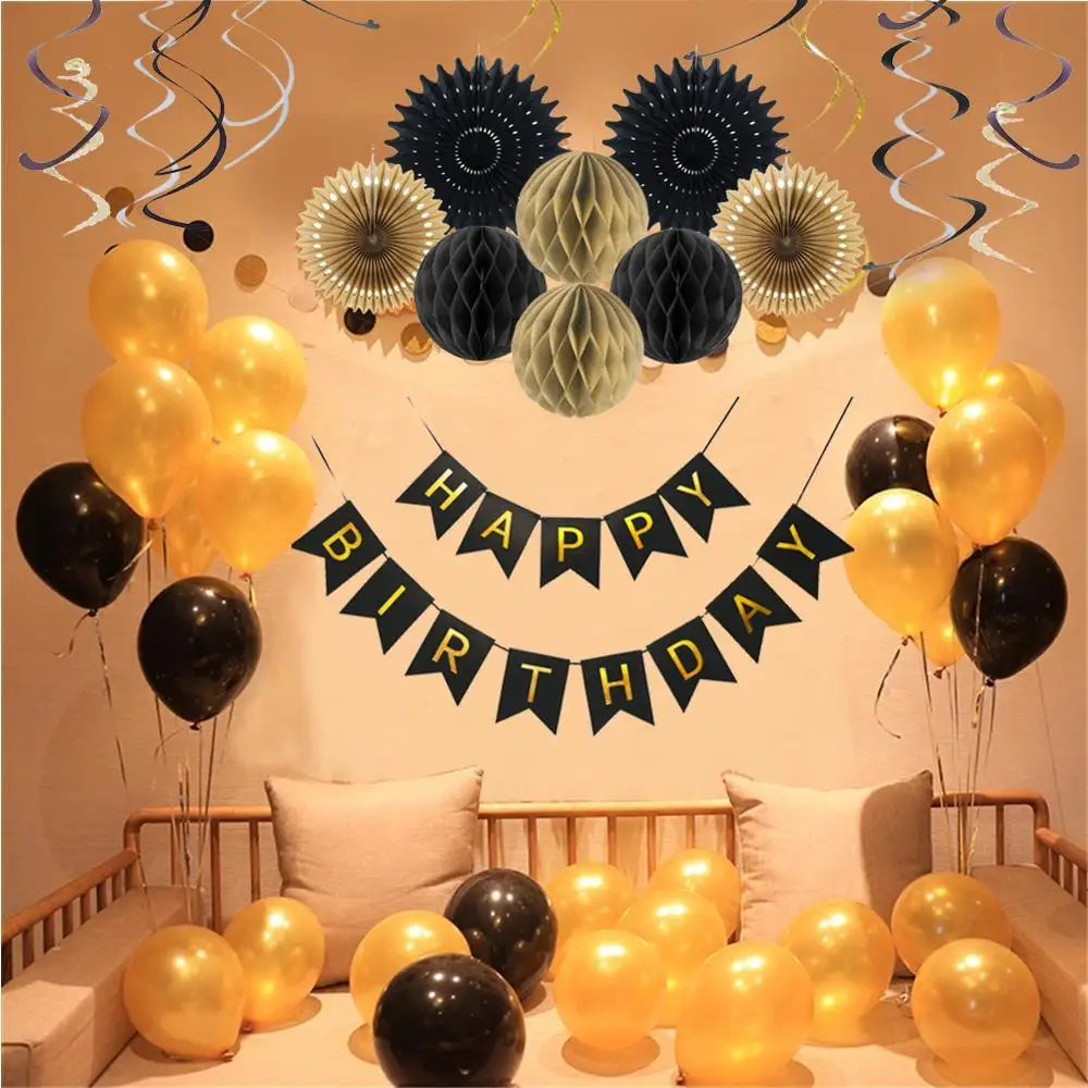 15 шт. черный золотой день рождения украшения для взрослых набор «С Днем Рождения» подвесные украшения поворотные бумажные шарики вентиляторы гирлянды воздушные шары