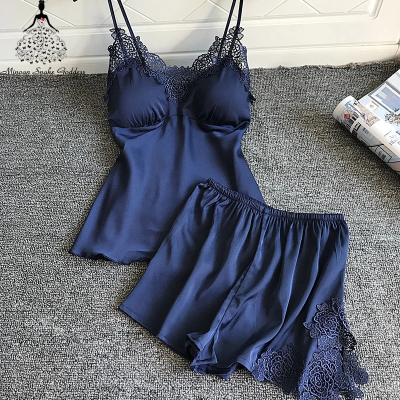 

Pajamas Set Sexy Silk Satin Lace Sleeveless Pyjamas Set Women Summer Sleepwear Nightwear Lingerie Female Home Wear With Pad