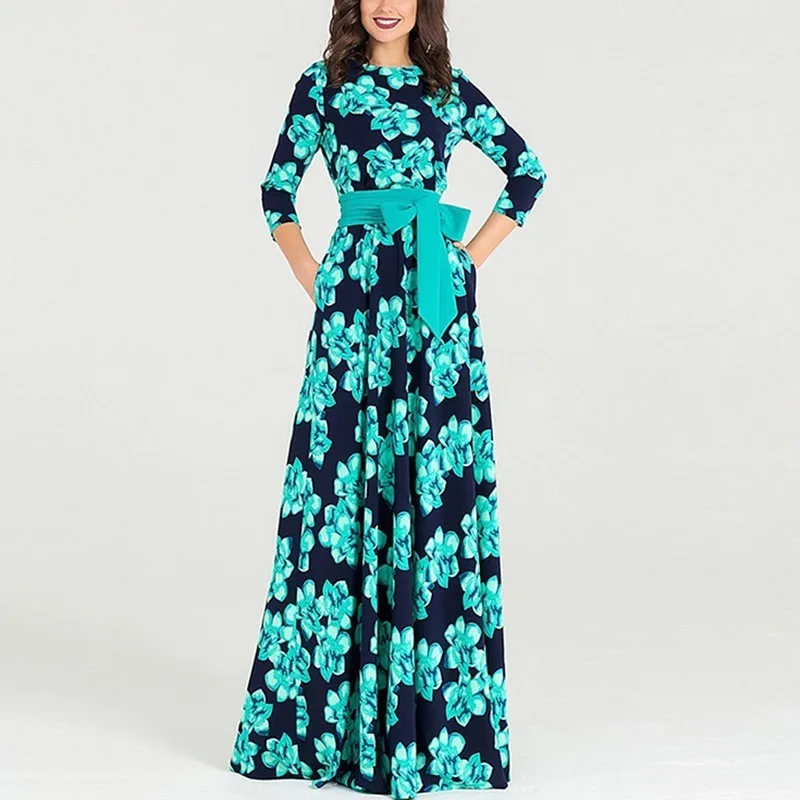

Jrnnorv Spring New Style European and American Fashion Women's Long Section Round Neck Print Dress Female Bohemian Dresses