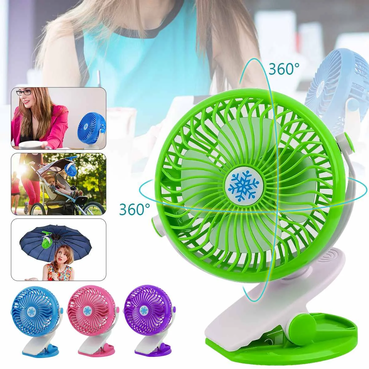 

Adjustable Summer Mini Oscillating Fan Airflow 360 Degrees Rotatation USB Charging System Clip On Table for Baby Pushchair/Desk