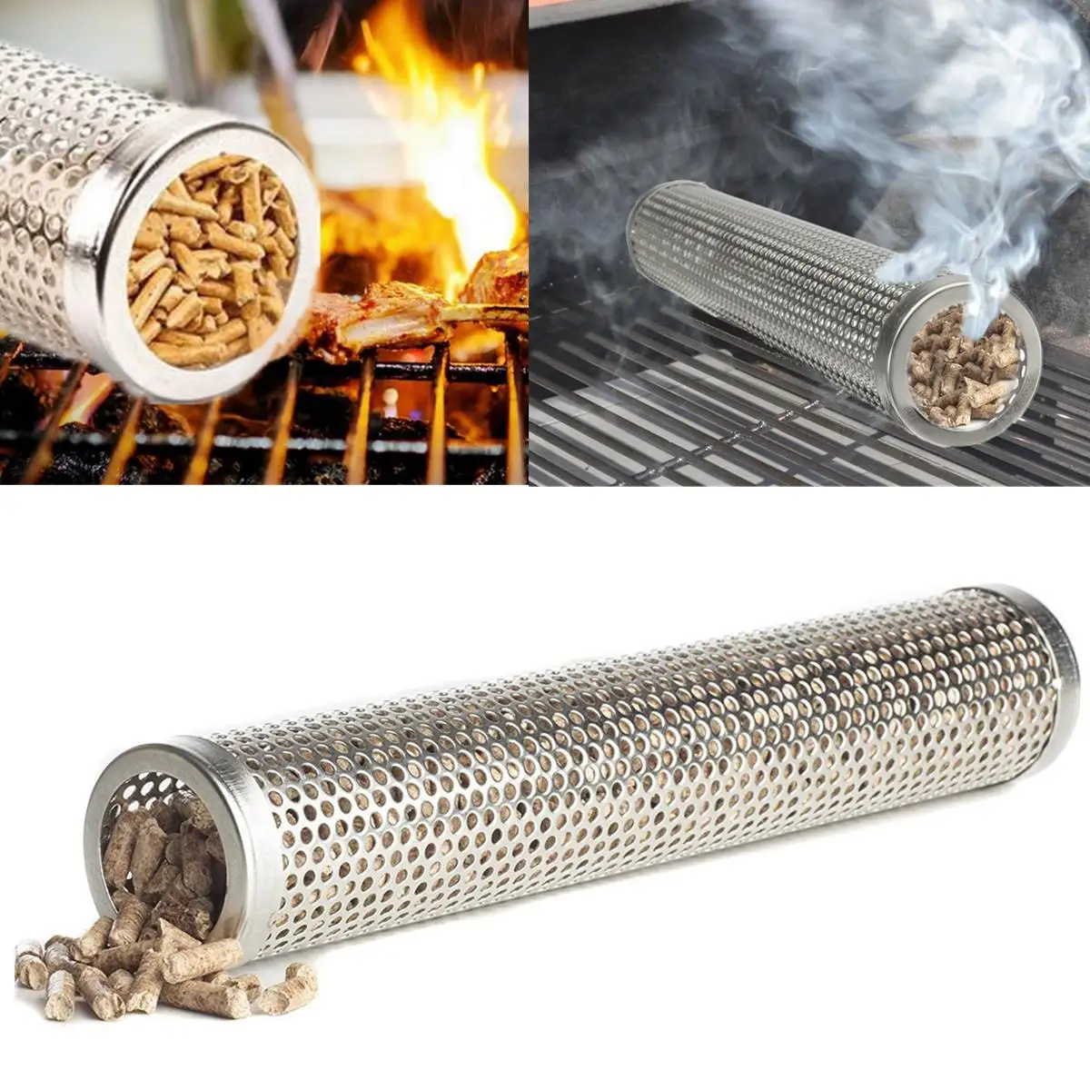 

Stainless Steel Round Smoker Wood Pellet BBQ Grill Hot Cold Smoking Mesh Tube Smoke Generator Silver 30.5x5.1cm Kitchen Tools