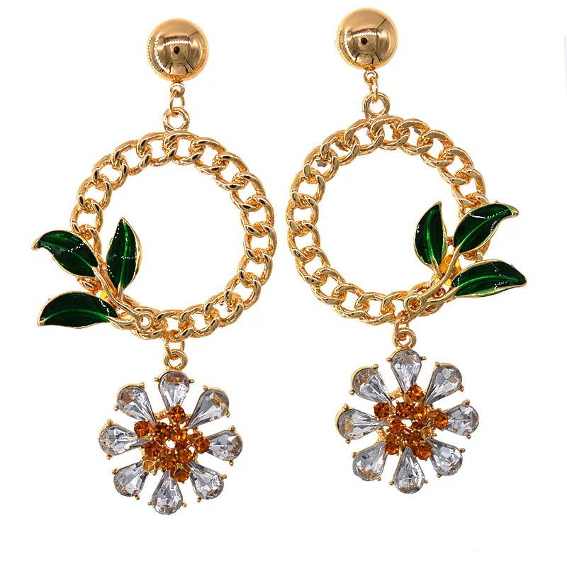 

Luxury Big Round Vintage Drop Earring Jewelry Baroque Wind sunflower Flower Branch Dangle Earrings for Women