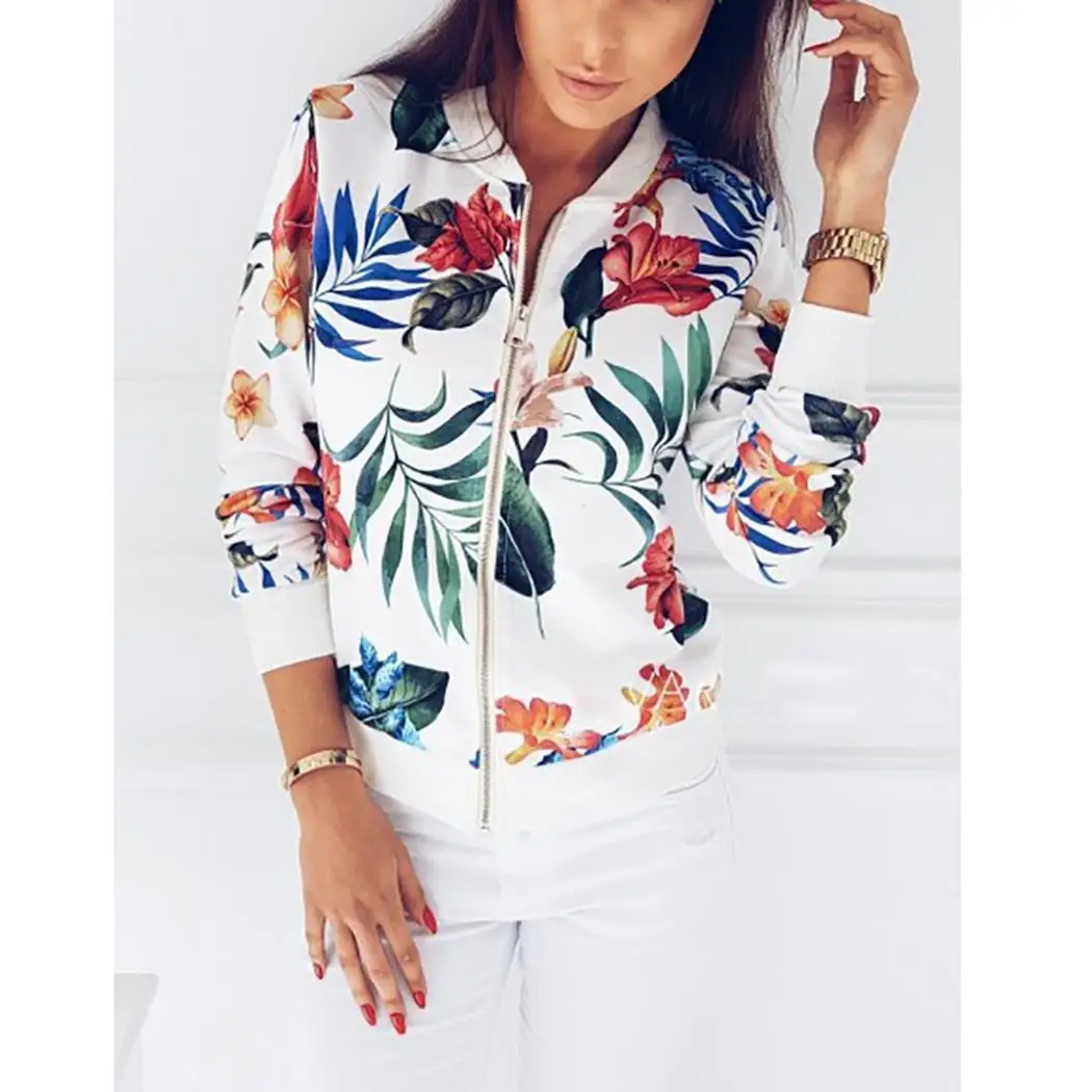 

Women Fashion Round Neck Long Sleeve Floral Printed Casual Spring, Autumn Zipper Jacket Casual Regular