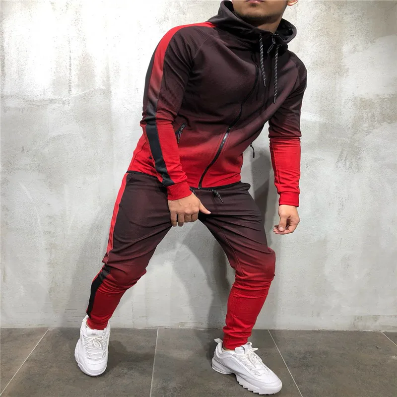 Fashion Men Gradients Tracksuit Clothing Sets Long Sleeve Hoodies + Color Blocking Sweatpants Sports Runing Gym Clothes Set