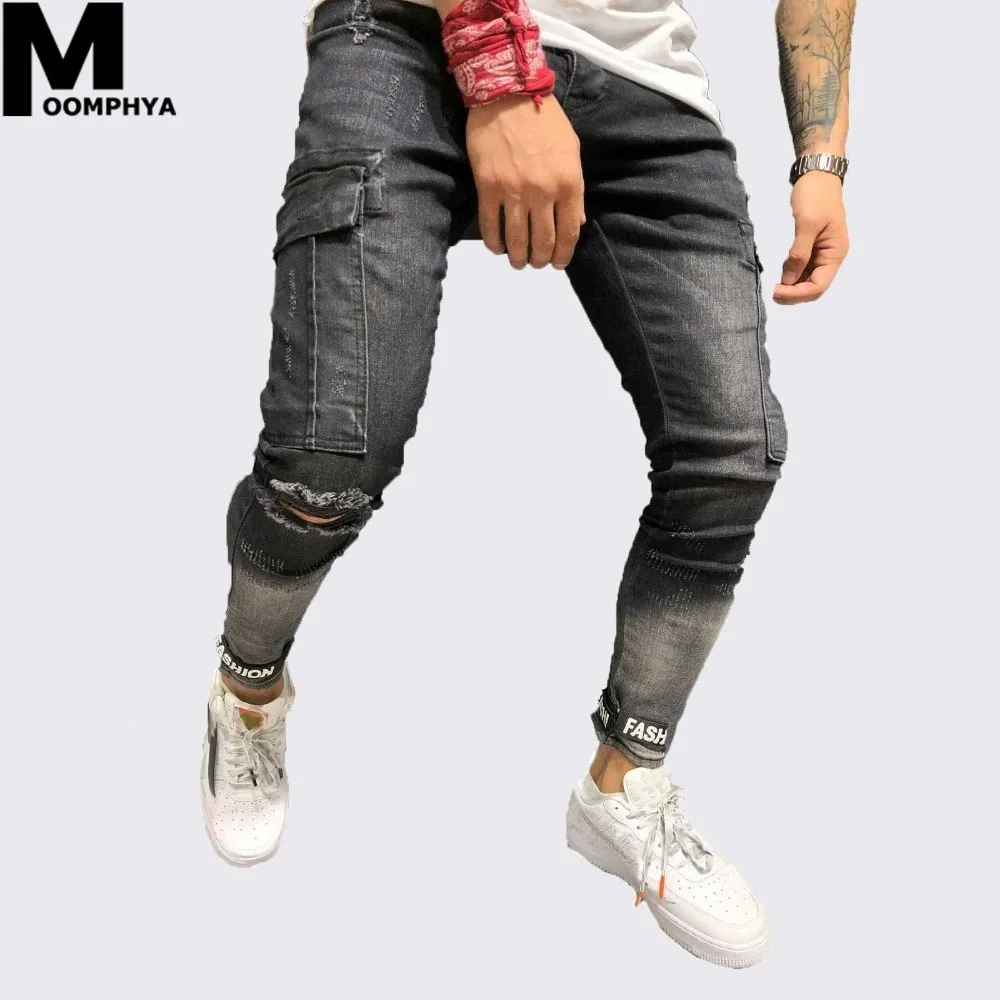 Moomphya Distressed ripped holes skinny jeans men Side patch pocket men jeans Streetwear hip hop black straps biker jeans