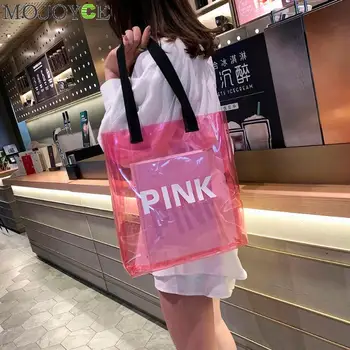 

Transparent Women Shopping Bag Portable Holographic Jelly Bag PVC Clear Beach Tote Bag Women Shoulder Beach Travel Handbags