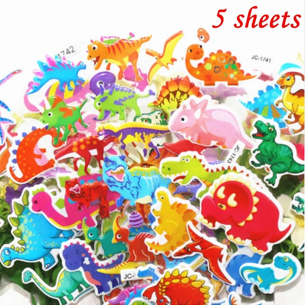 

5 Sheets Dinosaurs Sticker Cute 3D DIY Stickers Cartoon Children Stickers Toys PVC Scrapbook Gifts For Kids