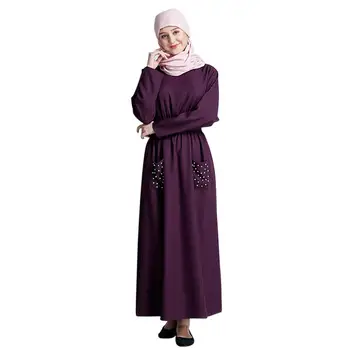 

ZACOO Women Long Robe Solid Color Handmade Pearl Muslim Bat Sleeve Robe Dress Female Clothes