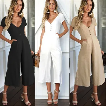 

Office Lady Womens Playsuit 4Color Deep V Neck Slim Solid Bodysuit Party Jumpsuit Romper Chiffon Long Wide Leg Trousers Clubwear