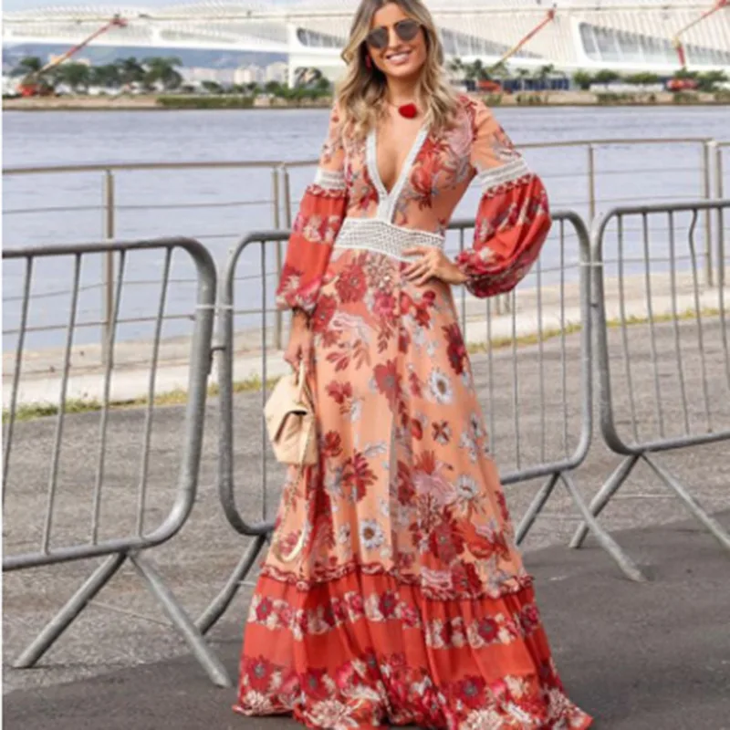 

Floral Beach Dress Summer 2019 New Women Ruffles Long Maxi Boho Dress Lantern Sleeve Lace Floor Length Ladies Dresses For Summer