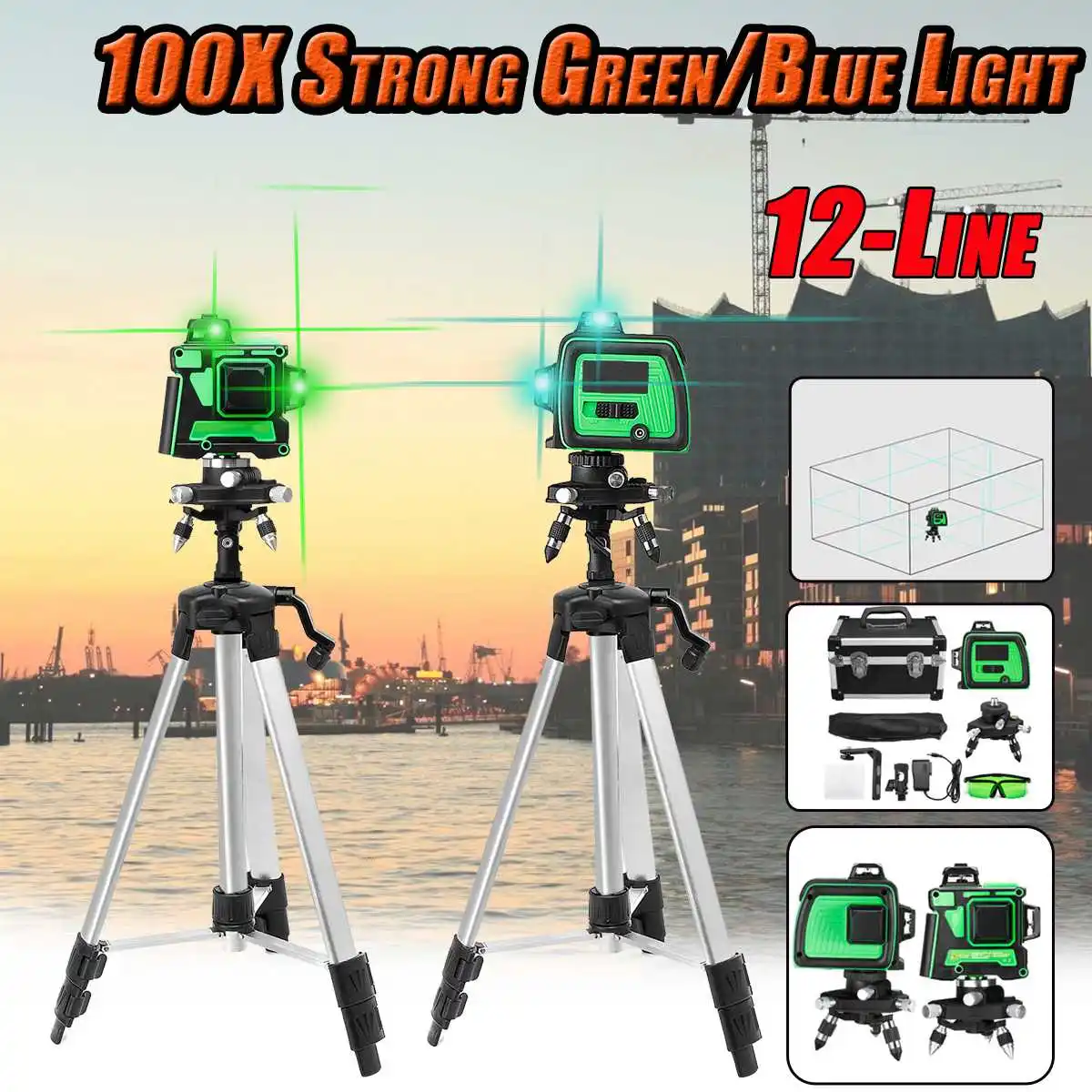 

12 Line 100X Strong Green/Blue Light 3D Laser Level Measure Self Leveling 360 Horizontal Vertical Cross Outdoor Mode w/Tripod