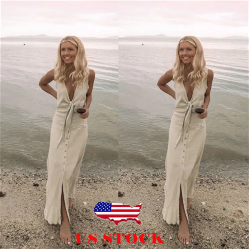 

Casual V-Neck Twist Front Dress Plain V Neck High Waist Button Sleeveless Dress Split Long Maxi Dress