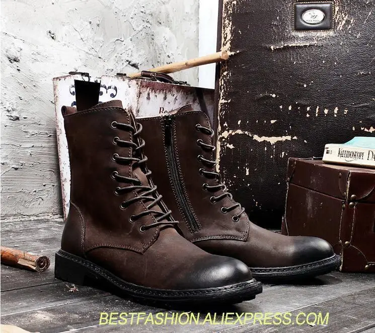

Lace Up Genuine Leather Men's Boots Ankle Martin Boot Vintage Work Boots Side Zipper High Top Height Increasing Casual Shoes