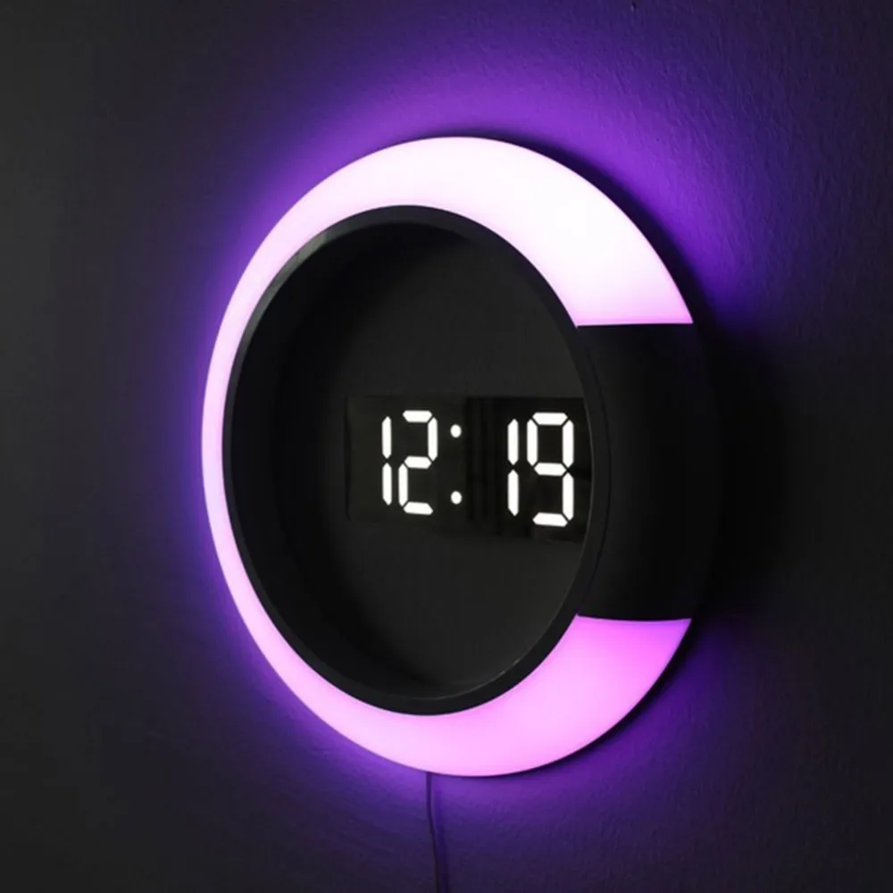 Espejo de LED hueco Relojes de pared hogar Decoración Multi-función de alarma de temperatura anillo de luz 4 colores Reloj de pared Digital