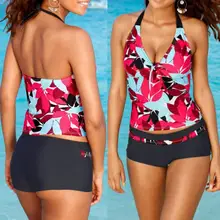 Топы без рукавов бикини купальники пляжная одежда Лидер продаж Для женщин танкини с цветочным рисунком комплекты Костюмы из 2 предметов купальник пуш-ап с лямкой на шее