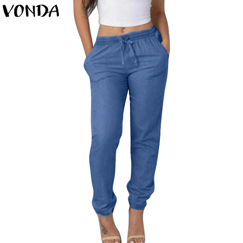 

VONDA Women Demin Pants 2019 Fashion Vintage Pockets Pants Casual Loose Joggers Trousers Bow Elastic Waist Bottoms