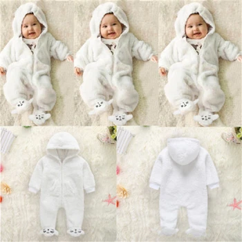 

Newborn Baby Girl Romper Tops Hooded Pants Headband Outfit Clothes Set Hot New Baby Girl Boy Plush Romper Zipper With Foots
