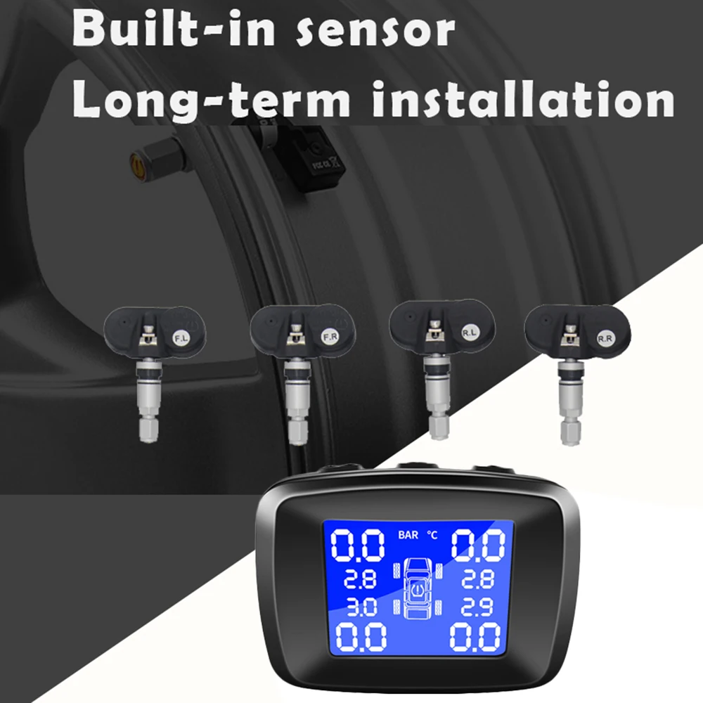 Tire Pressure Monitoring System Wireless TPMS Cigarette Lighter Plug with 4pcs Internal Sensors Temperature Pressure LCD Display