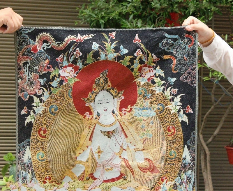 Tibet Buddhism Silk Satin Dragon Green Tara Guan Yin Thangka Painting Mural
