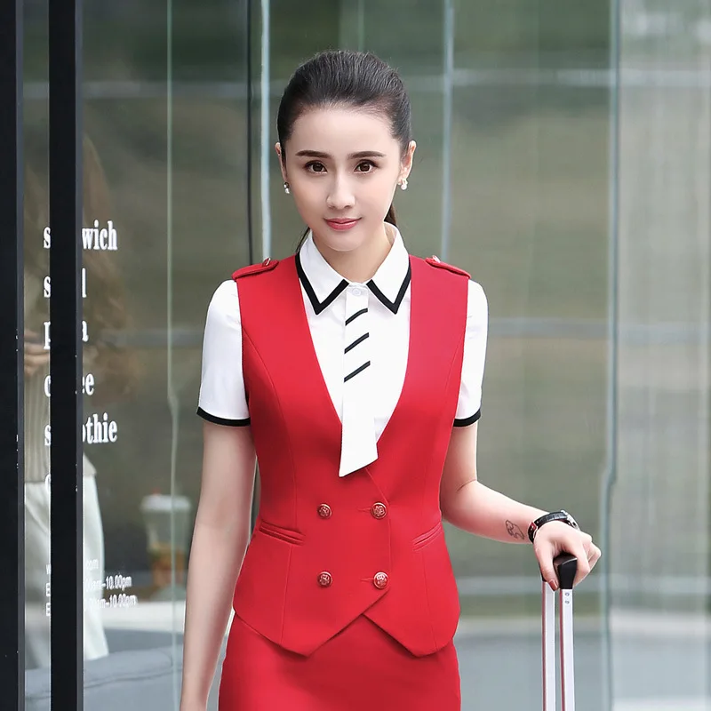 

Work Women Vest V-Neck Formal Waistcoat Suit Epaulet Double Breasted Button Bank Career Office Lady Hostess Flight Attendants