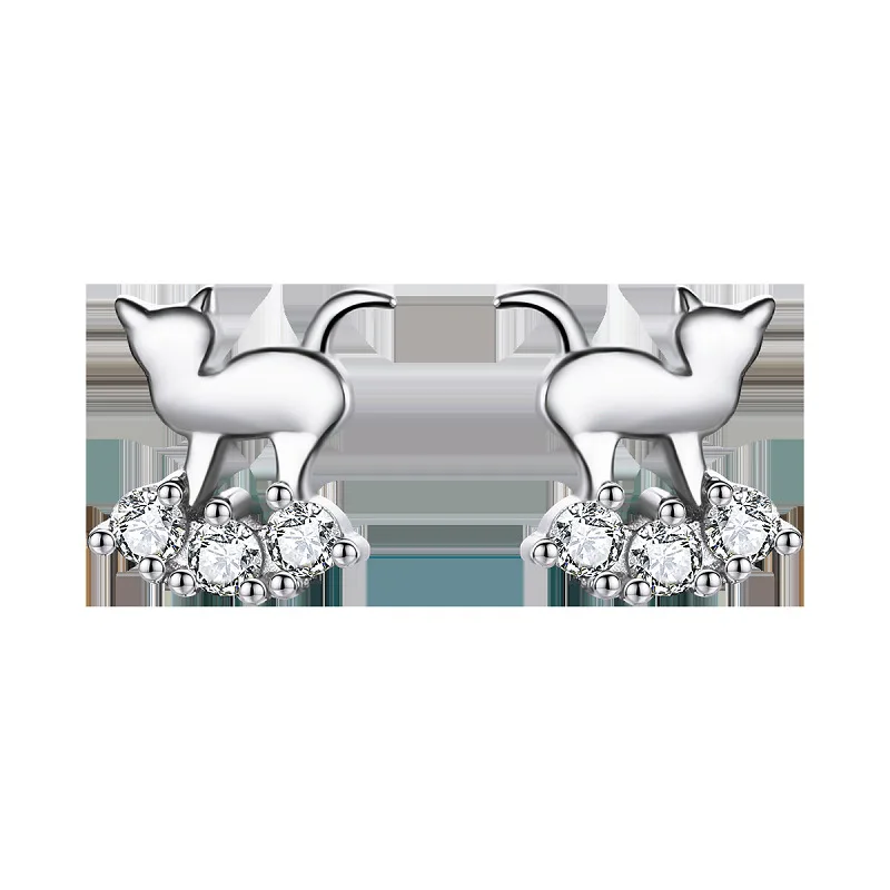 

Hot Sale 925 Sterling Silver Crystal Cat Animal Earrings Stud For Women Clear Cz Sterling Silver Jewelry Sce537
