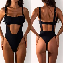 Черный сексуальный регулируемый женский купальник с пряжкой,, Цельный купальник с открытой спиной и высокой талией, пляжный купальный костюм, женский Монокини