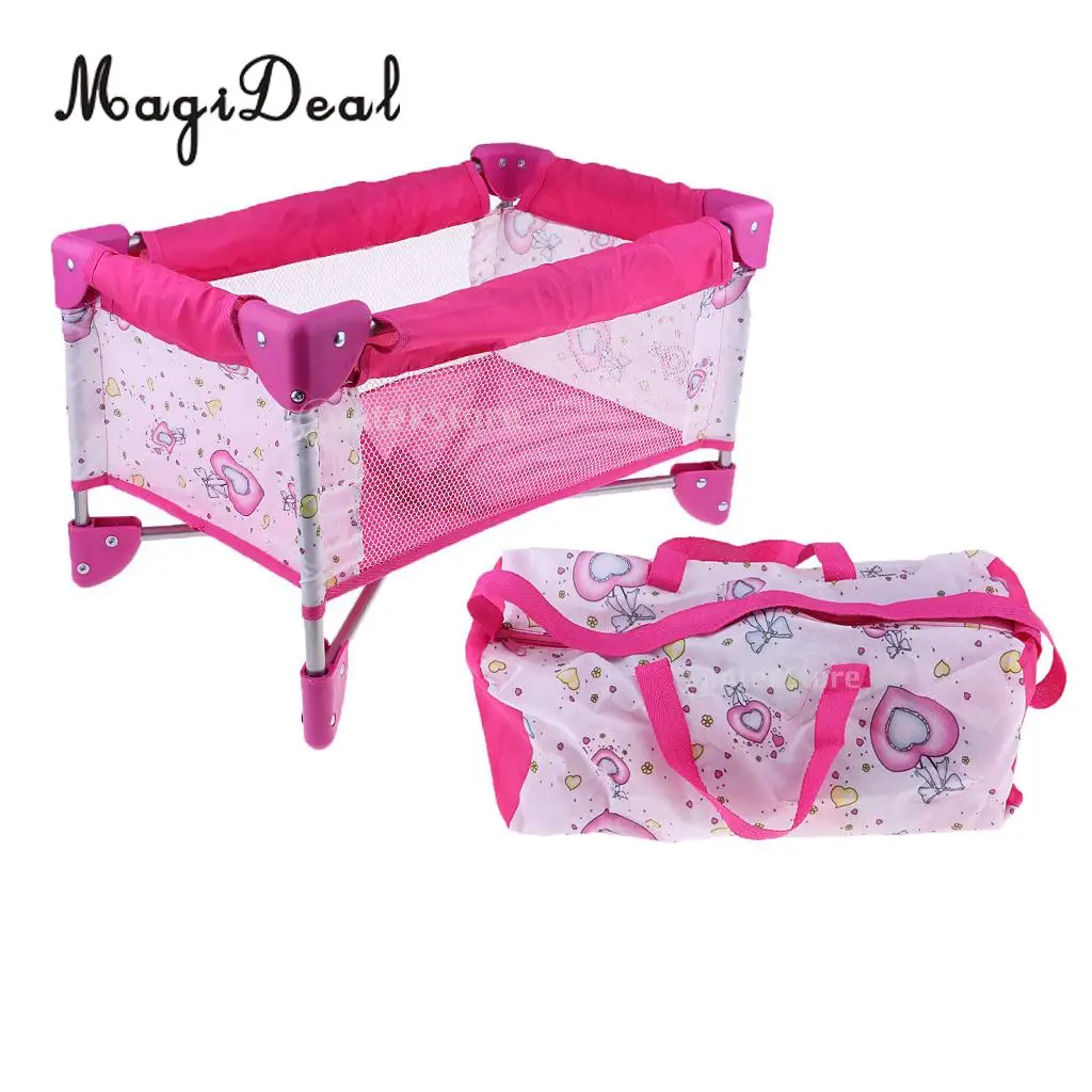  Dollhouse Simulation Baby Doll Crib Bed with Carry Bag Nursery Room Furniture Doll Accessories Kids