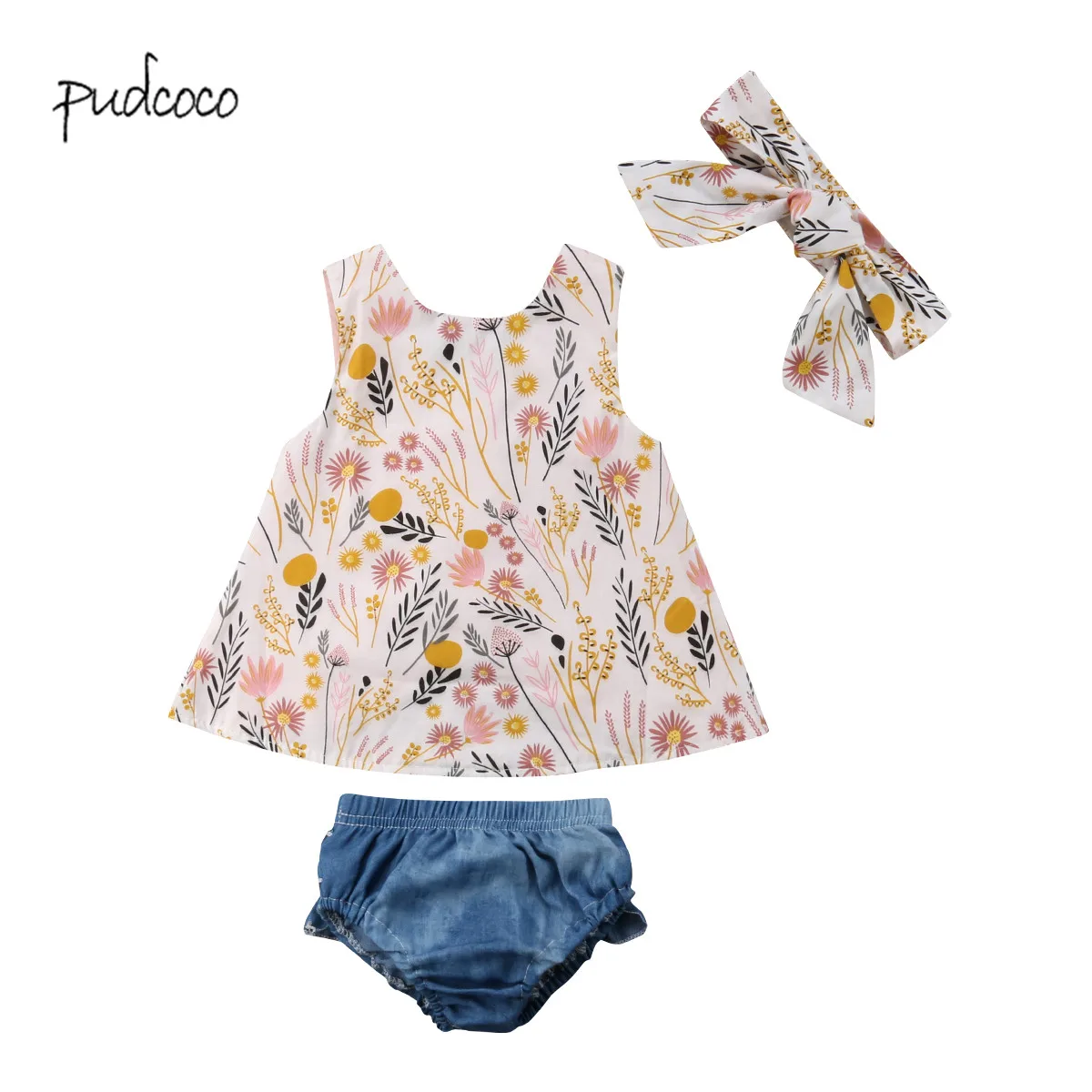 

Pudcoco New Brand Newborn Infant Toddler Baby Kids Girl Clothes Flower Tops+Shorts +Headband Outfit 3pcs Set