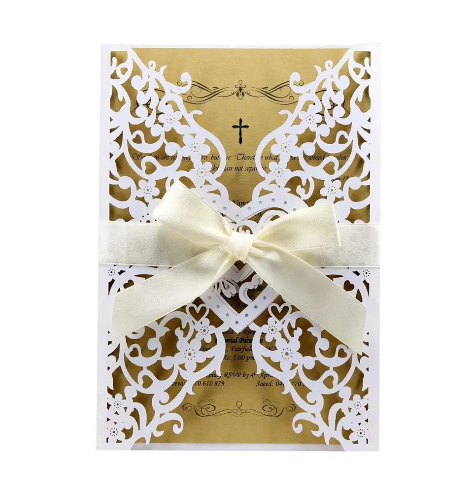  10PCS Bowknot Heart Shaped Invitation Laser Cut Wedding Invitation Holiday Greeting Card Pearl Pape - 33007577839