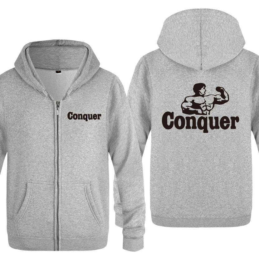 cheap Conquer Fitness Creative Novelty Sweatshirts Men 2018 Mens Zipper Hooded Fleece Hoodies Cardigans