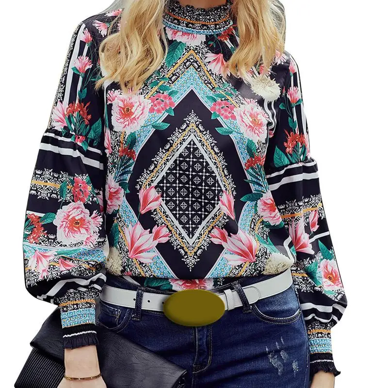 

Black Gothic Red Rose Bohemian Floral Print Smocked Neckline Bishop Long Sleeve Blouse Women Leopard Plus Size XXL Blouse Tops