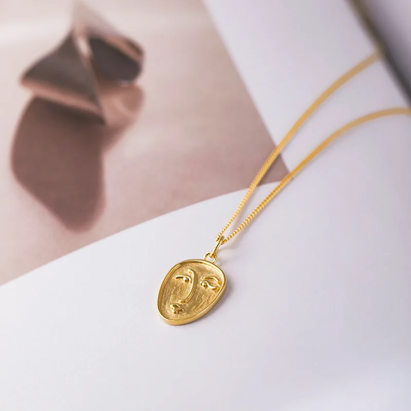 

S925 Sterling Sliver Face Pendant Chokers Necklace Abstract Emoji Charm Coin Disc Gold Color Neck Chain Women Jewelry
