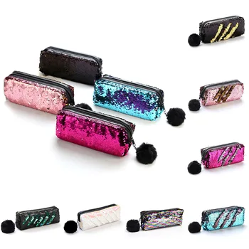 

2018 Fashion Sequins Cosmetic Bag Reversible Glitter Pencil Case Colored Makeup Toiletry Bag Organizer Girls Gift With Hairball