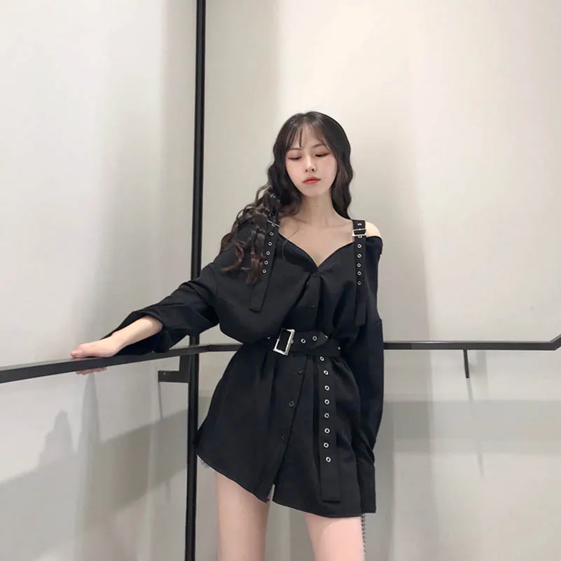 NiceMix 2019 New Women's Long Style Blouse Shirts Fashion Black Buckle Off Shoulder Slash Neck See Through Top Women Sexy Shirt - 32988844549