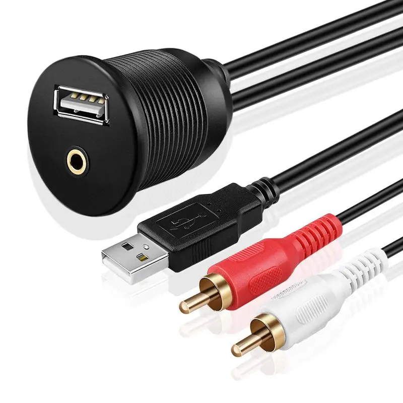 

USB RCA Flush Mount Cable - Dashboard Panel Dash Mount Port USB + RCA to USB + 3.5mm AUX Socket Jack Plug Connector Extension