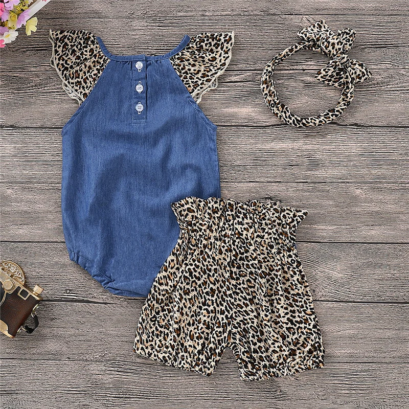Джинсовый комбинезон с леопардовым принтом для маленьких девочек от 0 до 24 месяцев повязка на голову, комплект одежды из 3 предметов