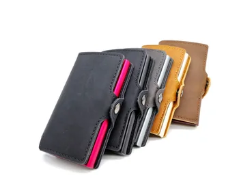 

Metal Credit Card Holder Automatic Elastic Vintage Aluminum Wallet PU Leather Antitheft Rfid Blocking Wallet Pass Port Holder