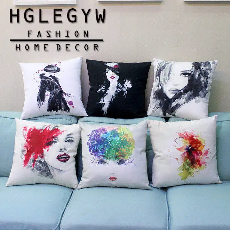 HGLEGYW Ink Painting Girl Pillow Case Throw Pillowcase Cotton Linen