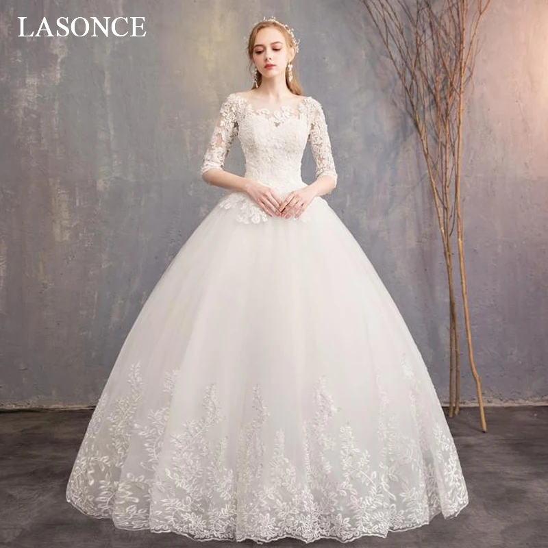

LASONCE Lace Appliques Half Sleeve Ball Gown Wedding Dresses Elegant O Neck Illusion Lace Up Backless Bridal Gowns