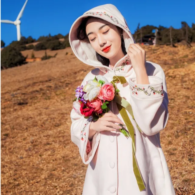 Price Women's Embroidery Flower Sweet Lolita Apricot Woolen Cloak Mori Girl Loose Coat