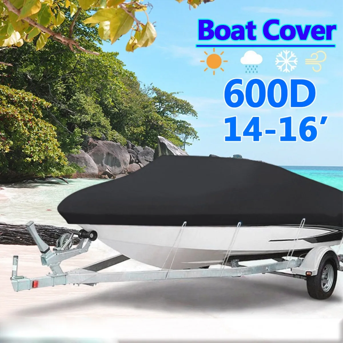 

Black Heavy 14-16ft 600D Beam 90inch Trailerable Marine Grade Boat Cover for Yacht Boat Waterproof Anti-UV Boat Accessories