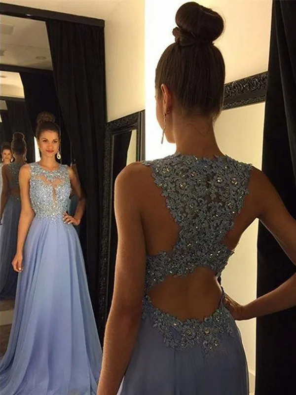 

A-line Sheer Lace Top Sleeveless Long Chiffon Sky Blue Party Dress